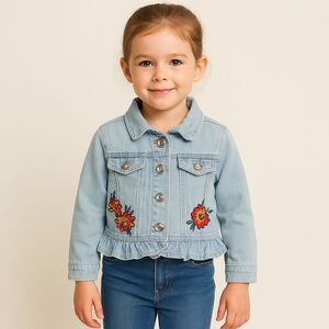 Little Lass Girls Jean Jacket Size 4 Floral Embroidered Denim Light Wash Fall St